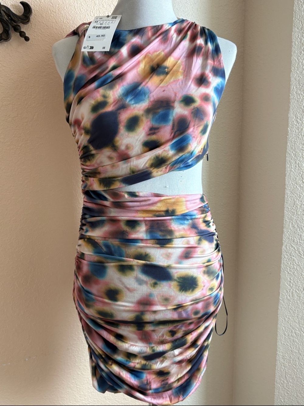 Zara Multi-Color Ruched One-Shoulder Cutout Dress